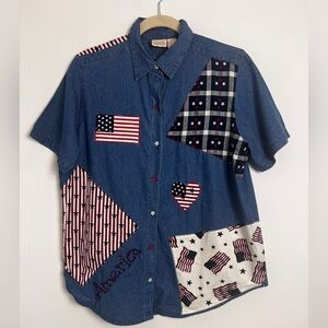 Vintage Roman's Cotton Short Sleeve Patriotic Patchwork Quirky Denim Top 16W